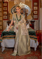 Monjolika Fashion Tussar Silk Digital Print Zari Border Light Olive Contemporary Saree
