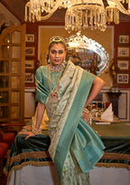 Monjolika Fashion Tussar Silk Digital Print Zari Border Light Turquoise Contemporary Saree