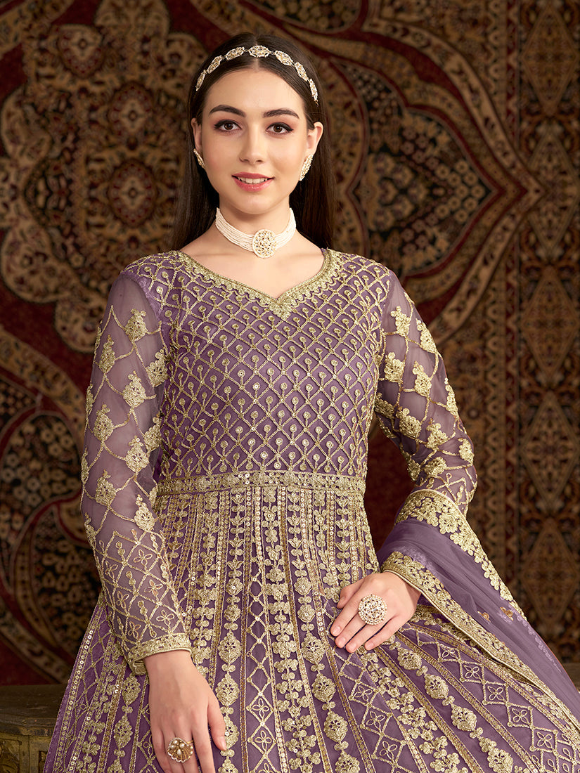 Monjolika Fashion Lilac Color Embroidered Santoon Net Salwar Suit - Distacart