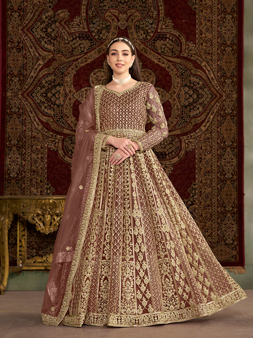 Monjolika Fashion Brown Color Embroidered Santoon Net Salwar Suit - Distacart