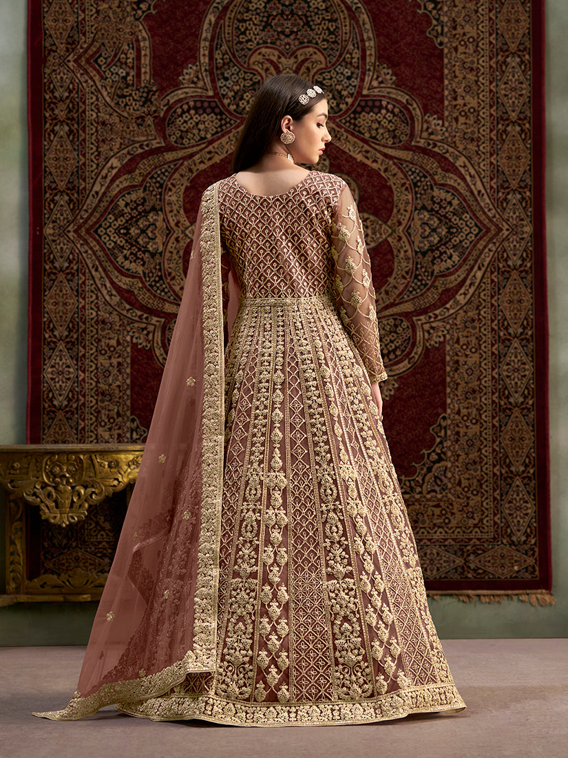 Monjolika Fashion Brown Color Embroidered Santoon Net Salwar Suit - Distacart