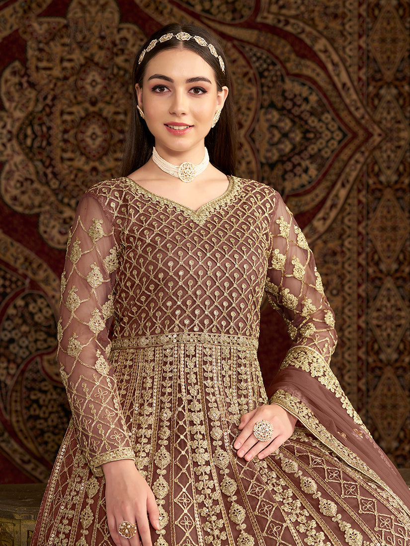 Monjolika Fashion Brown Color Embroidered Santoon Net Salwar Suit - Distacart