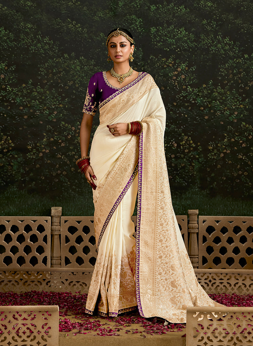 Monjolika Fashion Sequins Embroidered Border Work Dola Silk Cream Reception Classic Saree - Distacart