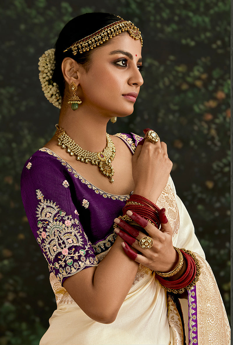 Monjolika Fashion Sequins Embroidered Border Work Dola Silk Cream Reception Classic Saree - Distacart