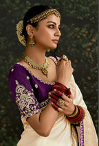 Monjolika Fashion Sequins Embroidered Border Work Dola Silk Cream Reception Classic Saree - Distacart