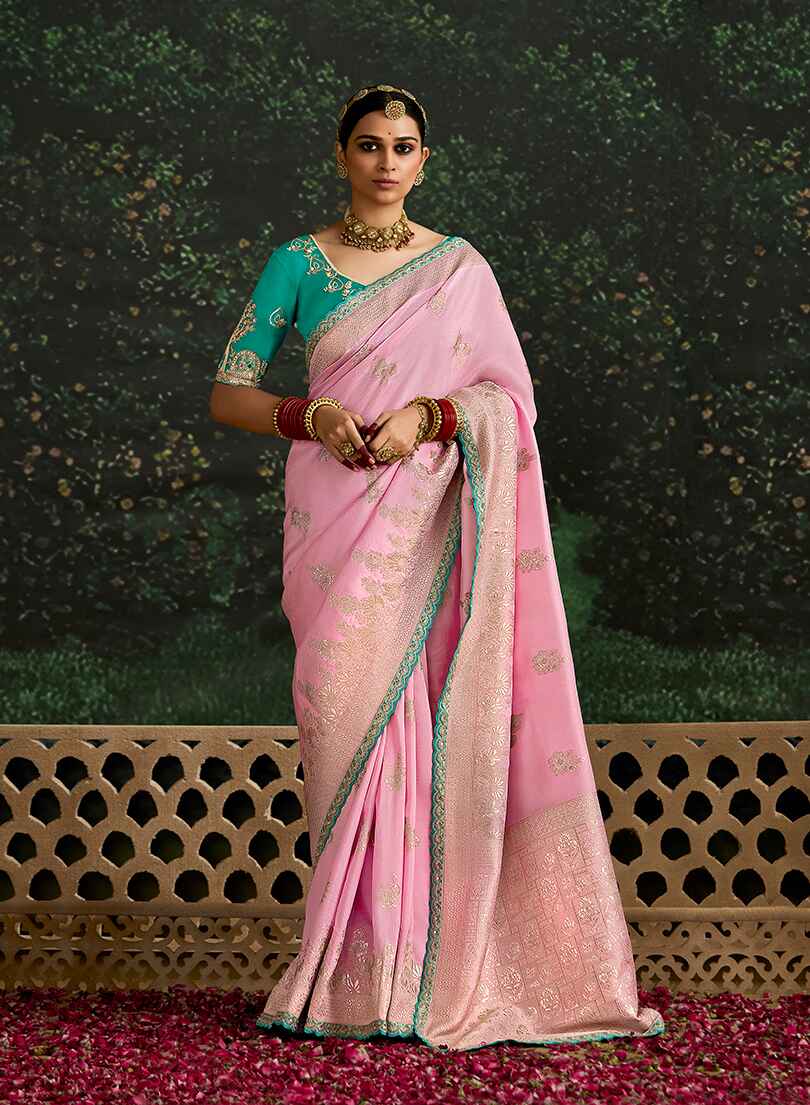 Monjolika Fashion Sequins Embroidered Border Work Dola Silk Pink Reception Classic Saree - Distacart
