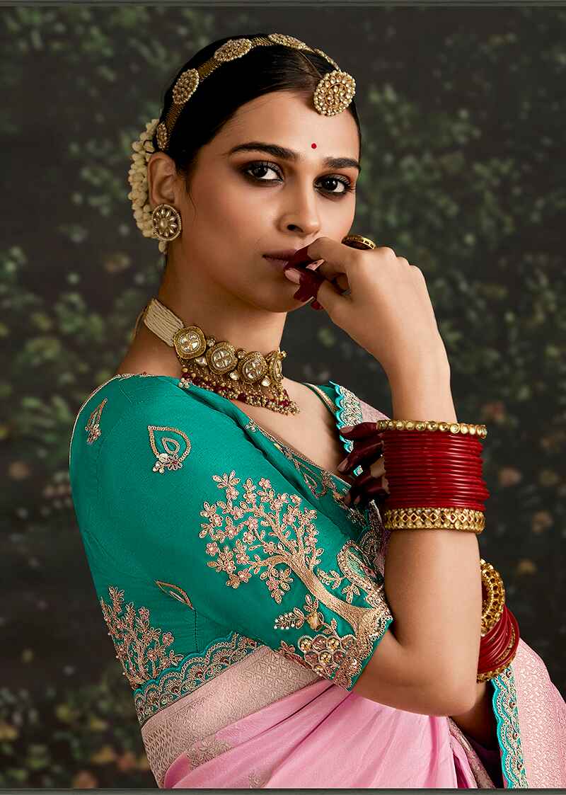 Monjolika Fashion Sequins Embroidered Border Work Dola Silk Pink Reception Classic Saree - Distacart
