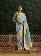 Monjolika Fashion Sequins Embroidered Border Work Dola Silk Aqua Blue Reception Classic Saree - Distacart