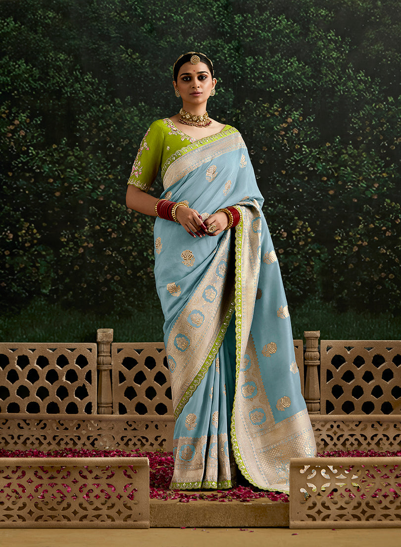 Monjolika Fashion Sequins Embroidered Border Work Dola Silk Aqua Blue Reception Classic Saree - Distacart