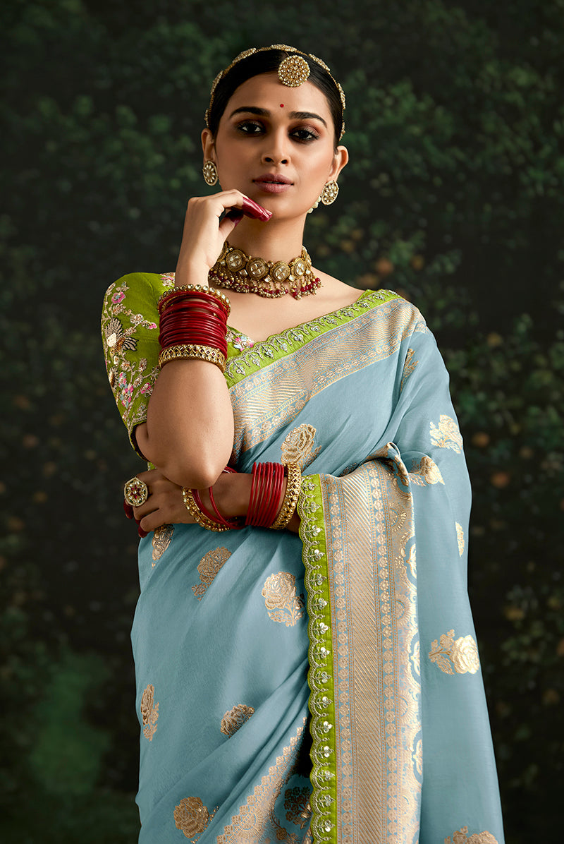 Monjolika Fashion Sequins Embroidered Border Work Dola Silk Aqua Blue Reception Classic Saree - Distacart