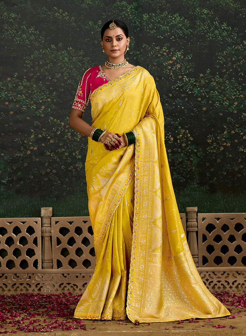 Monjolika Fashion Sequins Embroidered Border Work Dola Silk Yellow Reception Classic Saree - Distacart