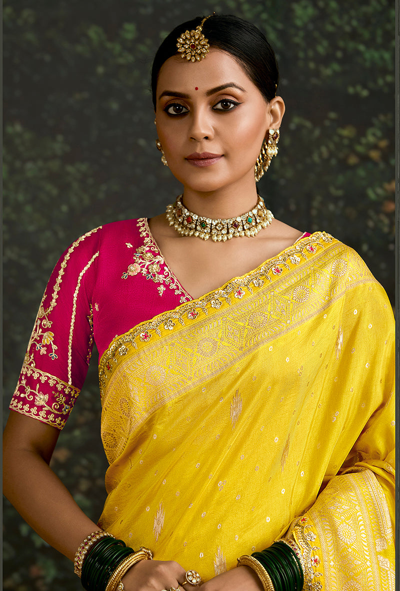 Monjolika Fashion Sequins Embroidered Border Work Dola Silk Yellow Reception Classic Saree - Distacart