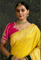Monjolika Fashion Sequins Embroidered Border Work Dola Silk Yellow Reception Classic Saree - Distacart