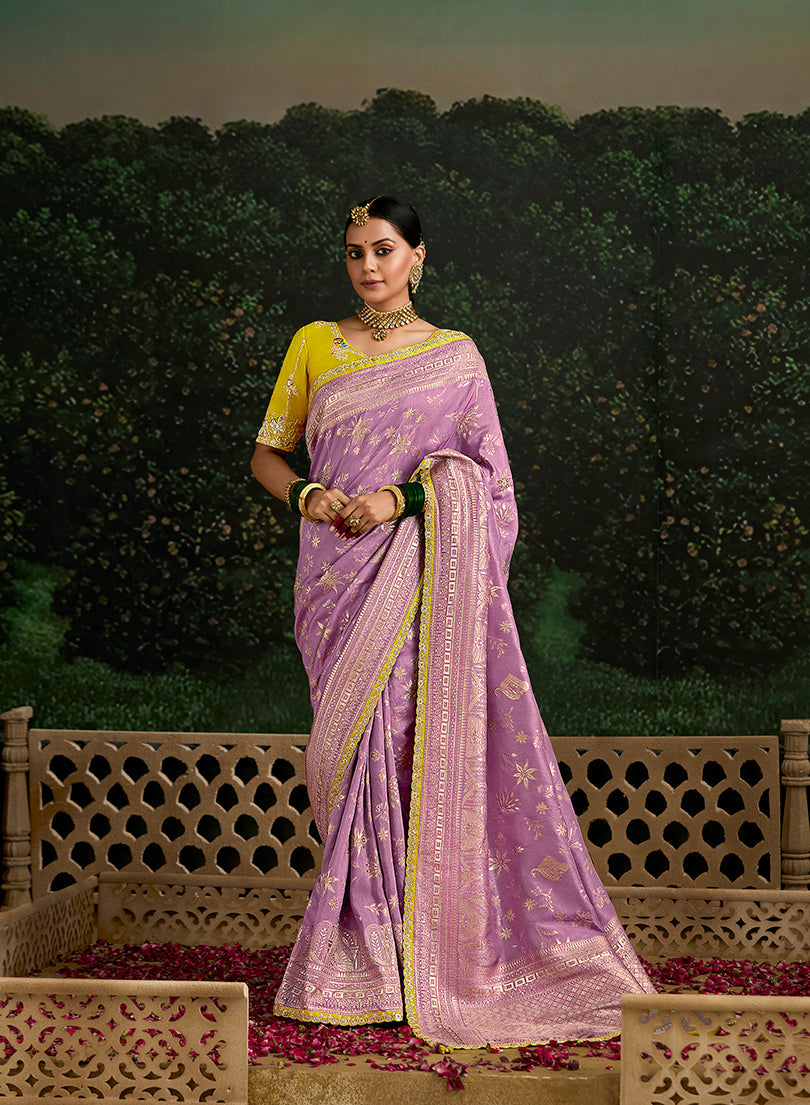 Monjolika Fashion Sequins Embroidered Border Work Dola Silk Lilac Reception Classic Saree - Distacart