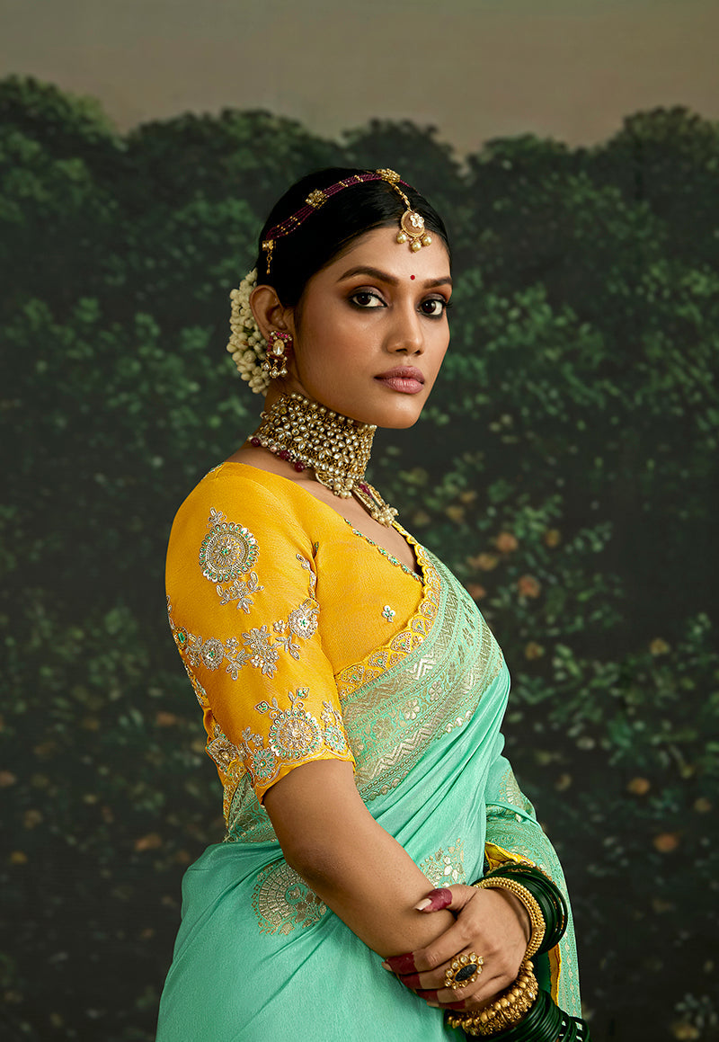 Monjolika Fashion Sequins Embroidered Border Work Dola Silk Turquoise Reception Classic Saree - Distacart