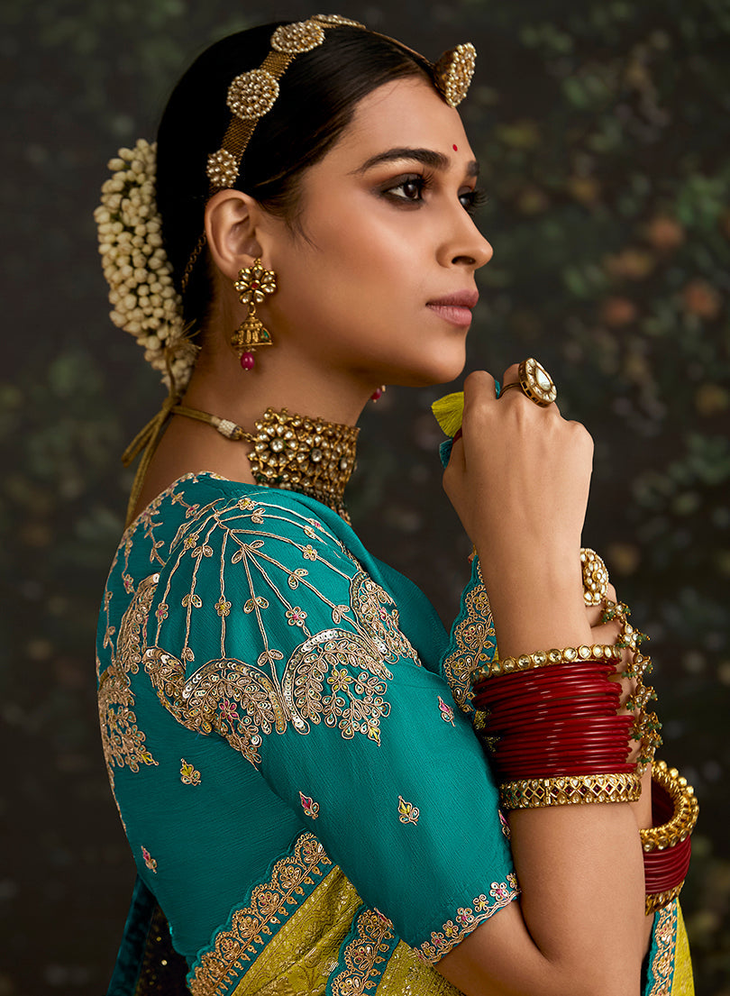 Monjolika Fashion Sequins Embroidered Border Work Dola Silk Light Olive Green Reception Classic Saree - Distacart
