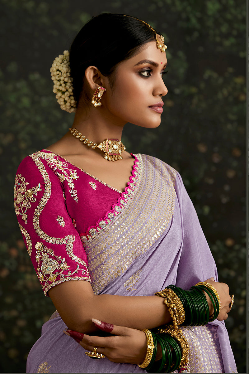 Monjolika Fashion Sequins Embroidered Border Work Dola Silk Lavender Reception Classic Saree - Distacart