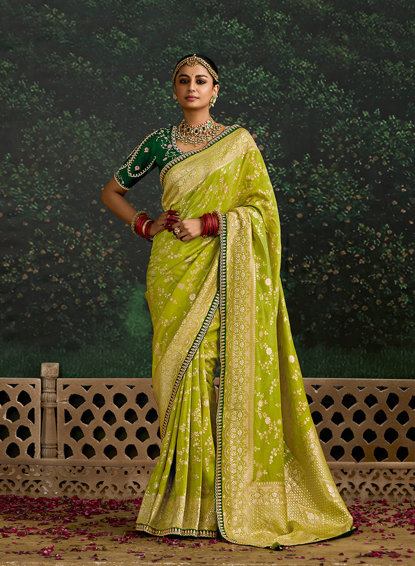 Monjolika Fashion Sequins Embroidered Border Work Dola Silk Pear Reception Classic Saree - Distacart