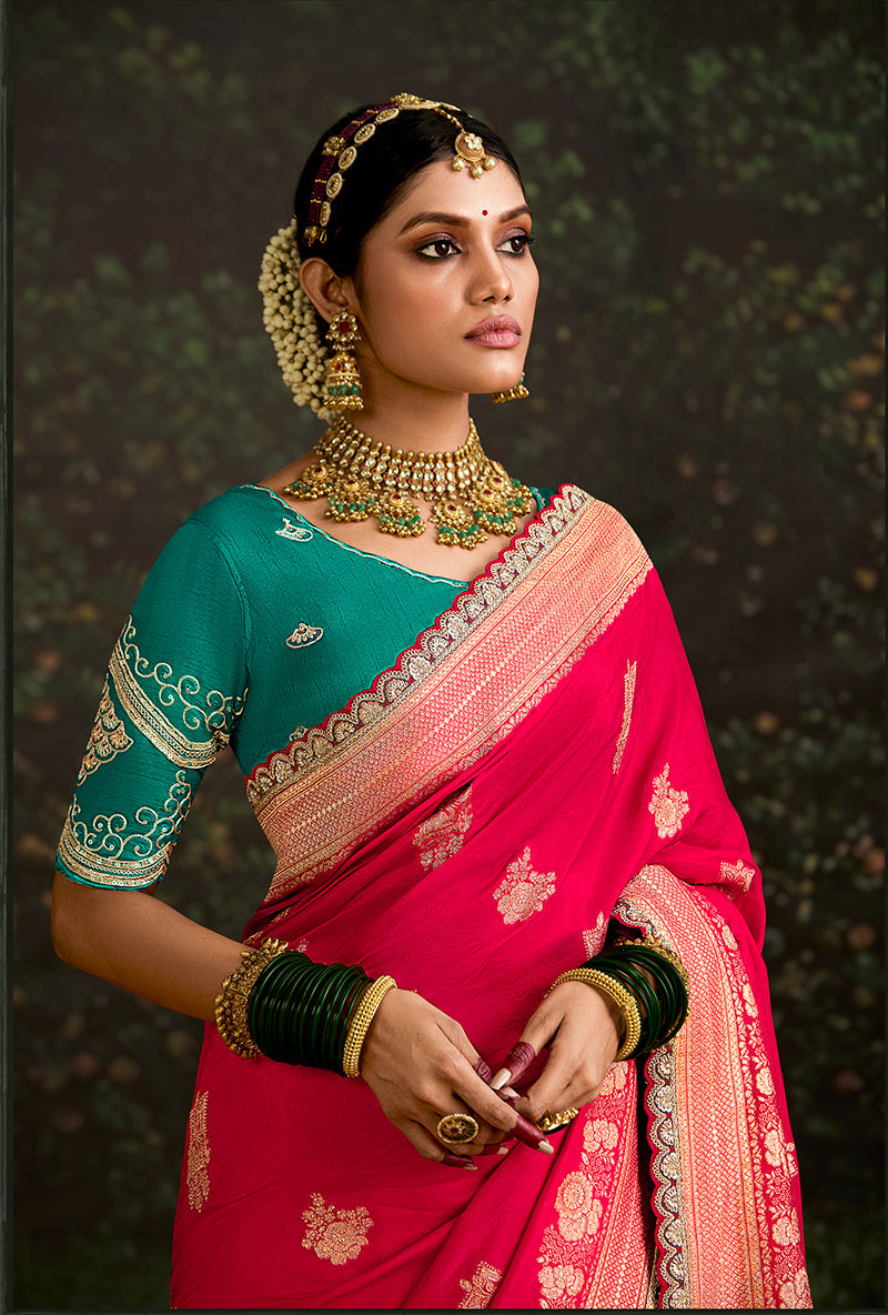 Monjolika Fashion Sequins Embroidered Border Work Dola Silk Crimson Reception Classic Saree - Distacart