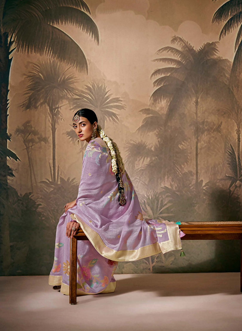 Monjolika Fashion Silk Floral Pattern Zari Work Lavender Contemporary Saree - Distacart