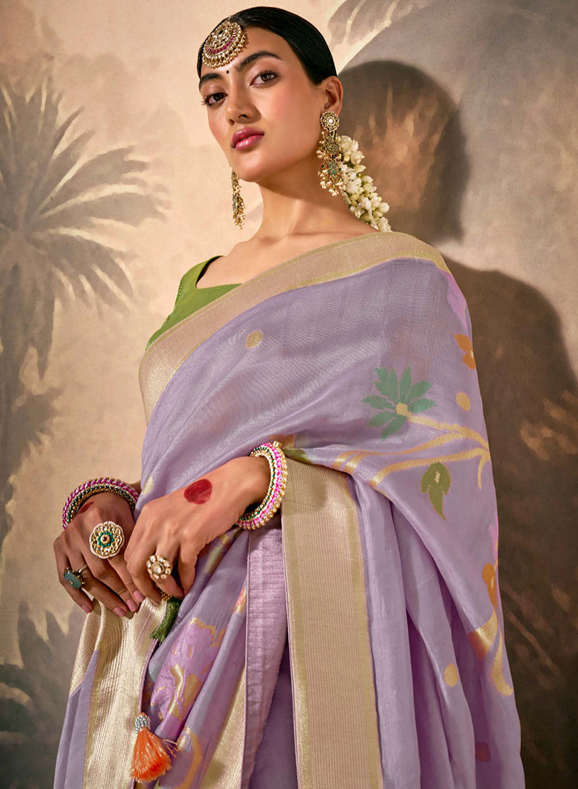 Monjolika Fashion Silk Floral Pattern Zari Work Lavender Contemporary Saree - Distacart