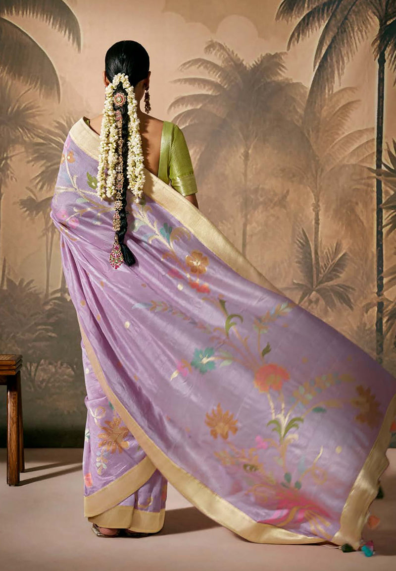 Monjolika Fashion Silk Floral Pattern Zari Work Lavender Contemporary Saree - Distacart