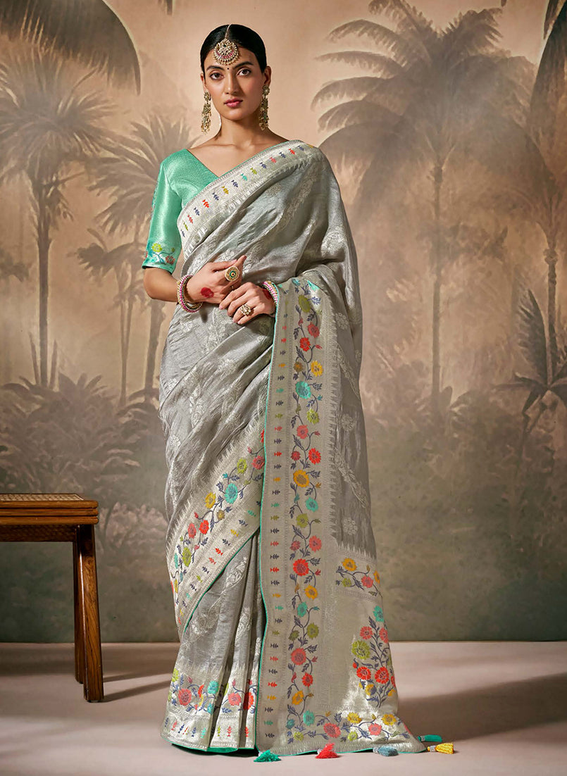 Monjolika Fashion Silk Floral Pattern Zari Work Grey Contemporary Saree - Distacart