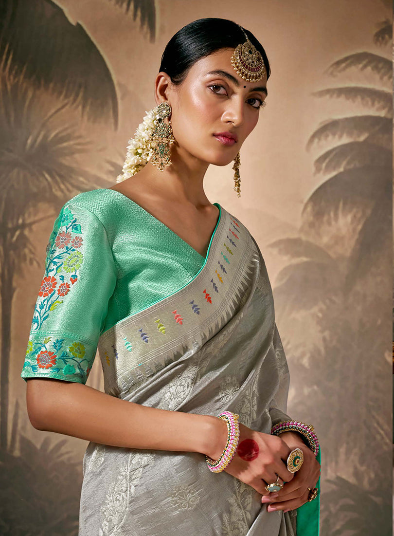 Monjolika Fashion Silk Floral Pattern Zari Work Grey Contemporary Saree - Distacart