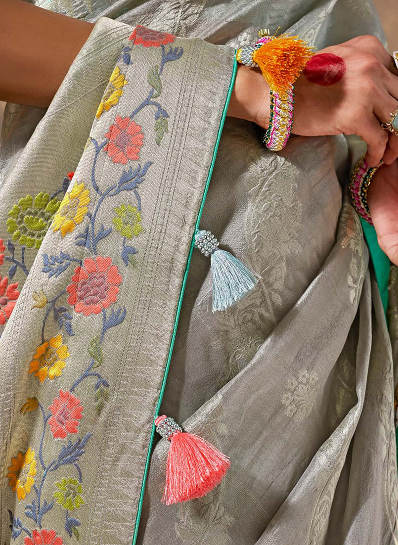 Monjolika Fashion Silk Floral Pattern Zari Work Grey Contemporary Saree - Distacart
