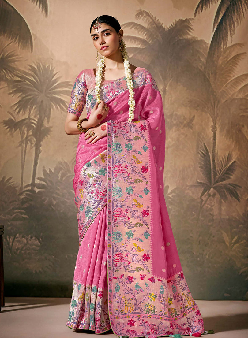 Monjolika Fashion Silk Floral Pattern Zari Work Pink Contemporary Saree