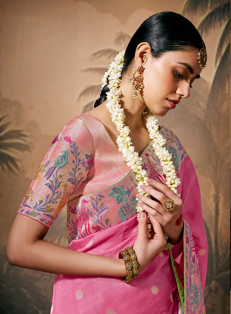 Monjolika Fashion Silk Floral Pattern Zari Work Pink Contemporary Saree
