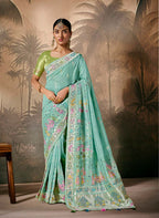 Monjolika Fashion Silk Floral Pattern Zari Work Aqua Blue Contemporary Saree