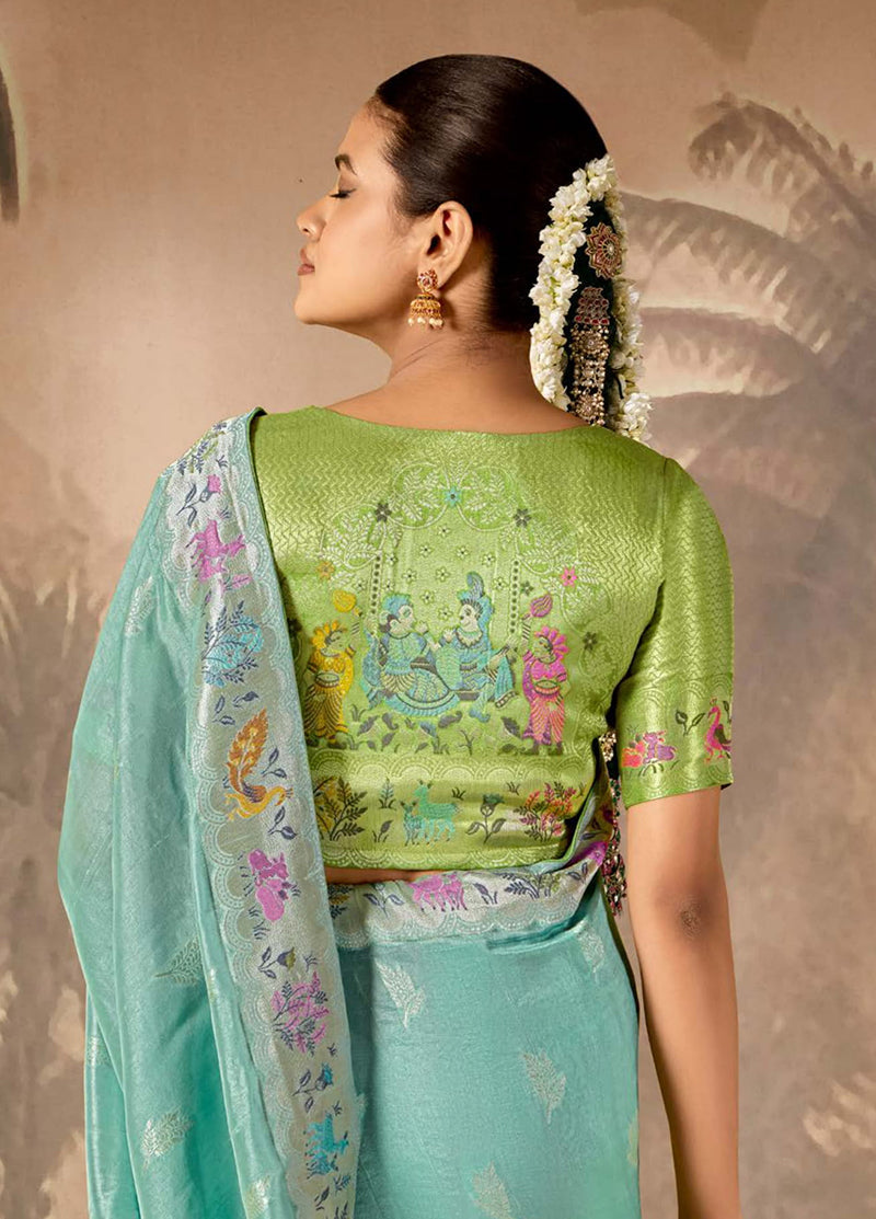 Monjolika Fashion Silk Floral Pattern Zari Work Aqua Blue Contemporary Saree