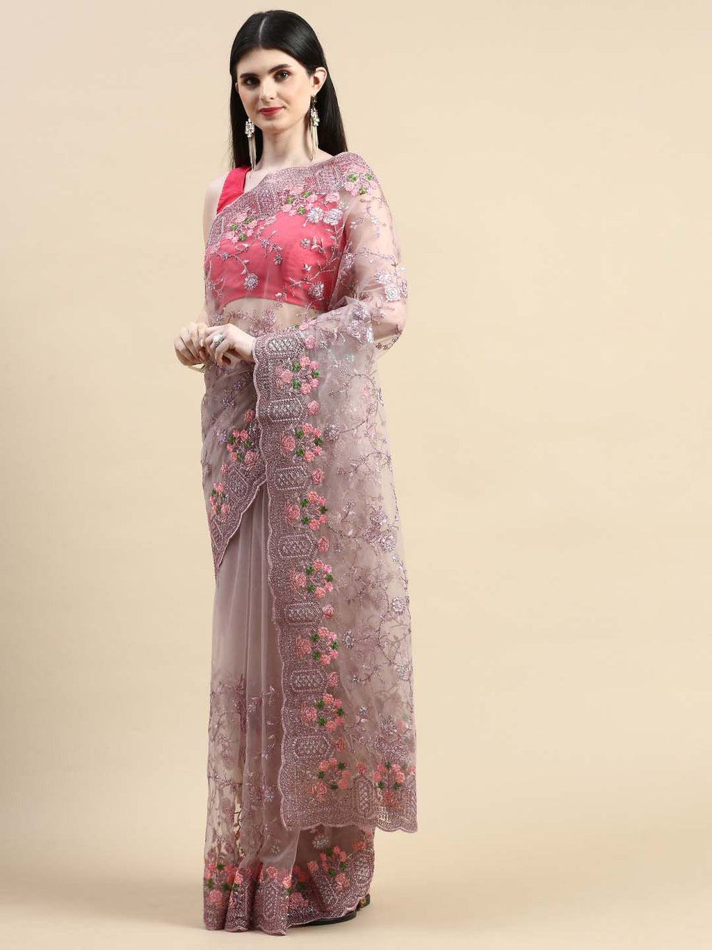 kasee Floral Embroidered Zari Net Saree - Distacart