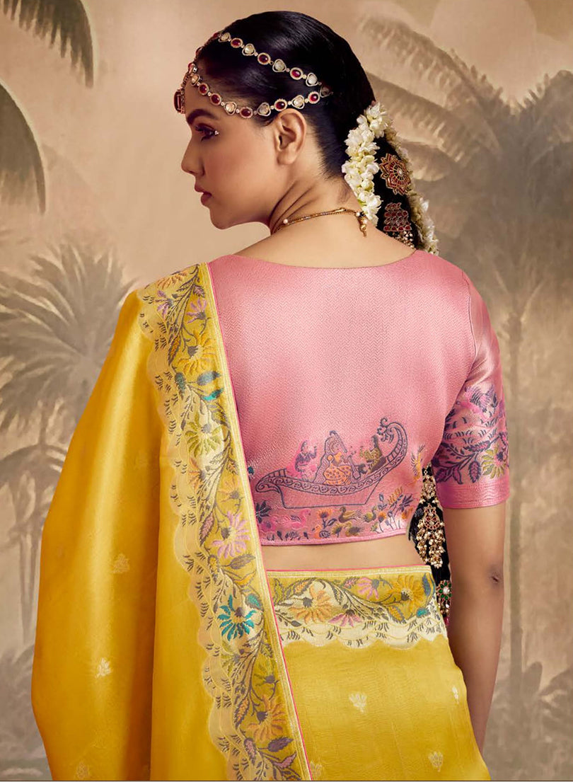 Monjolika Fashion Silk Floral Pattern Zari Work Mustard Contemporary Saree