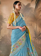 Monjolika Fashion Silk Floral Pattern Zari Work Sky Blue Contemporary Saree