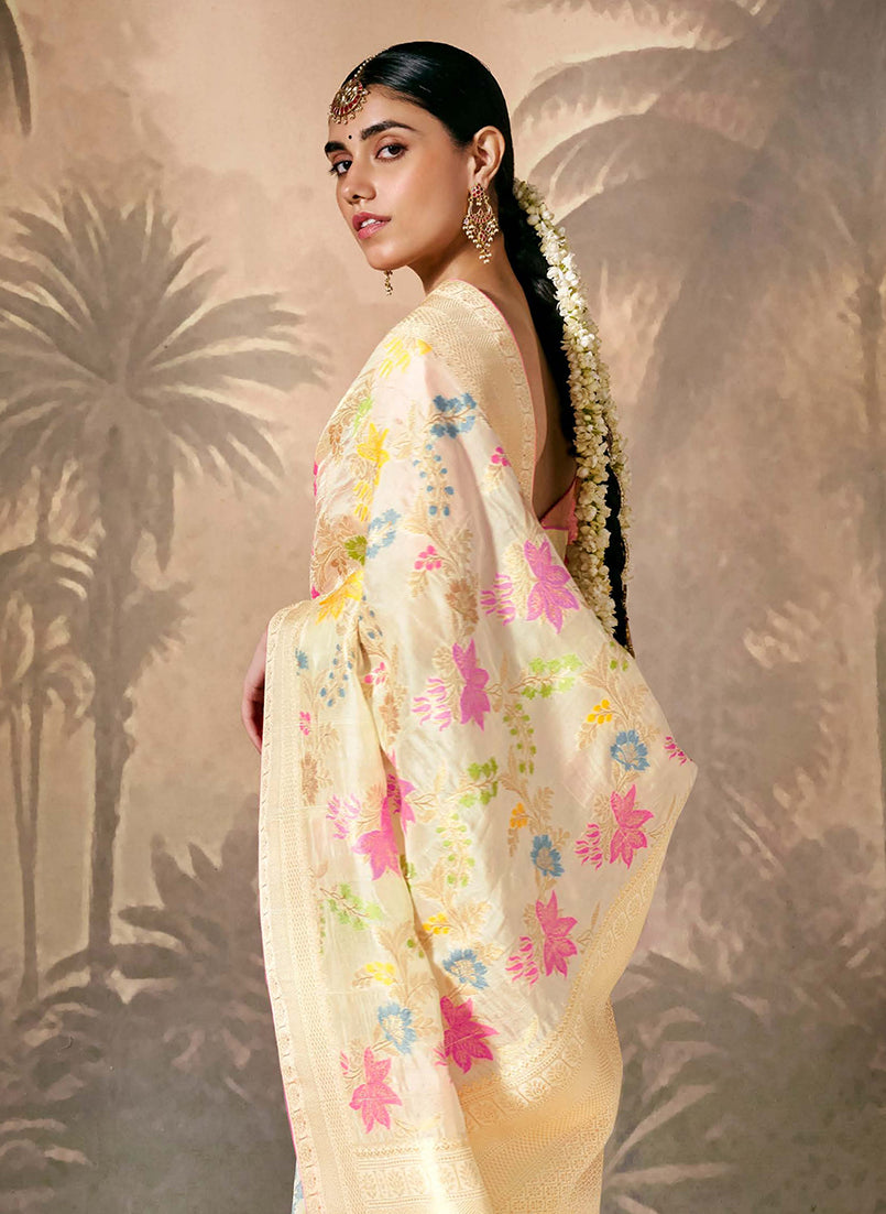 Monjolika Fashion Silk Floral Pattern Zari Work Cream Contemporary Saree