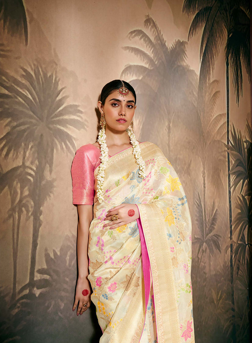 Monjolika Fashion Silk Floral Pattern Zari Work Cream Contemporary Saree