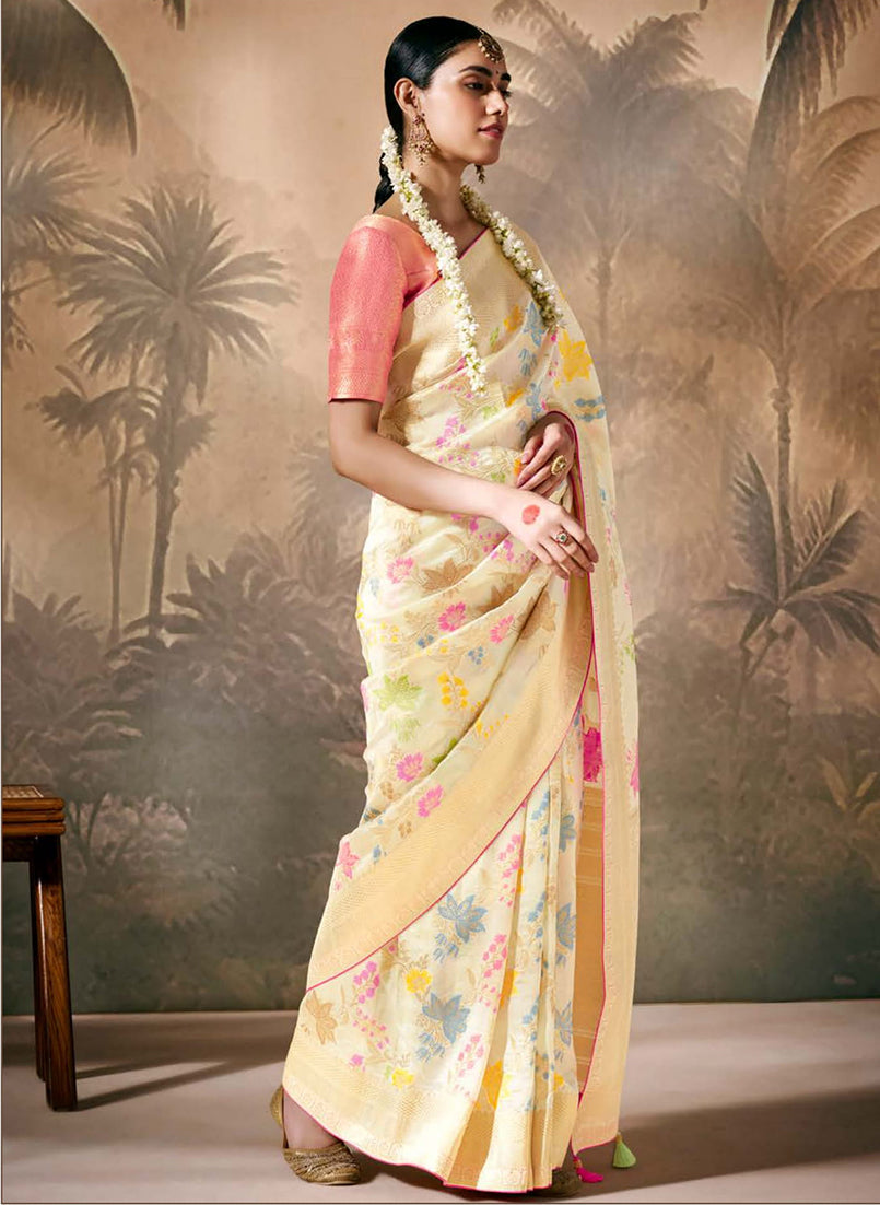 Monjolika Fashion Silk Floral Pattern Zari Work Cream Contemporary Saree