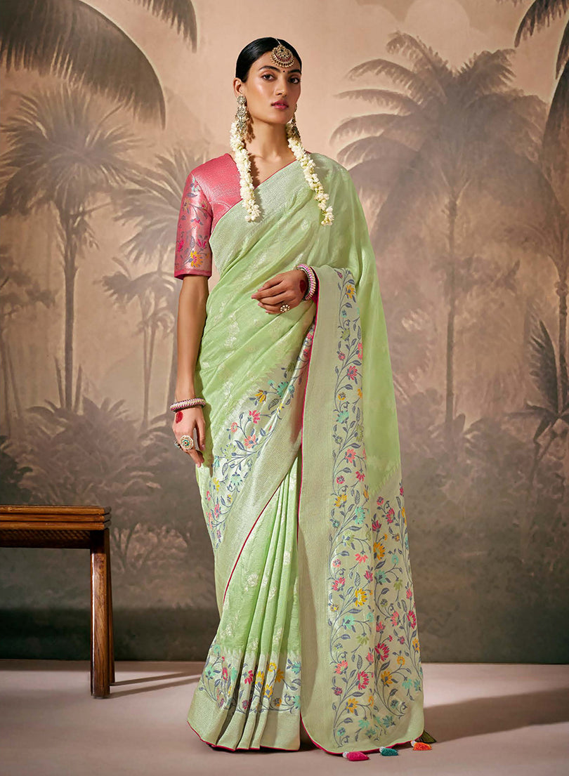 Monjolika Fashion Silk Floral Pattern Zari Work Light Green Contemporary Saree - Distacart