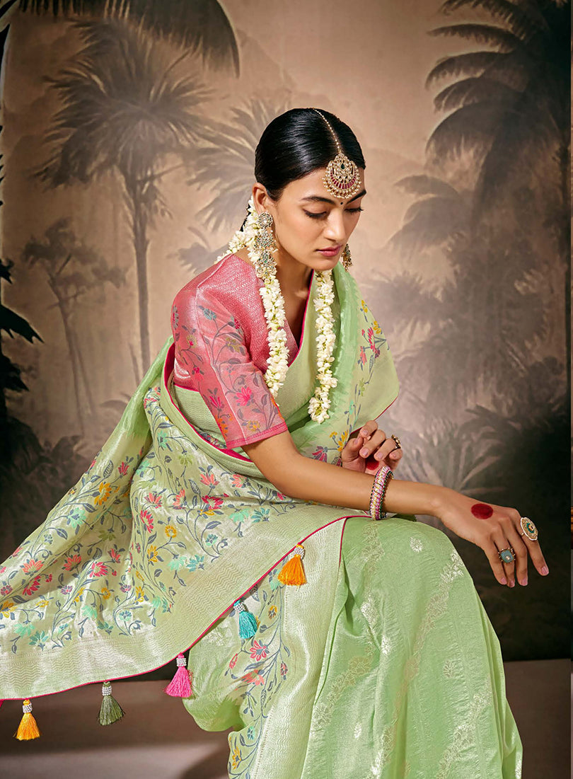 Monjolika Fashion Silk Floral Pattern Zari Work Light Green Contemporary Saree - Distacart