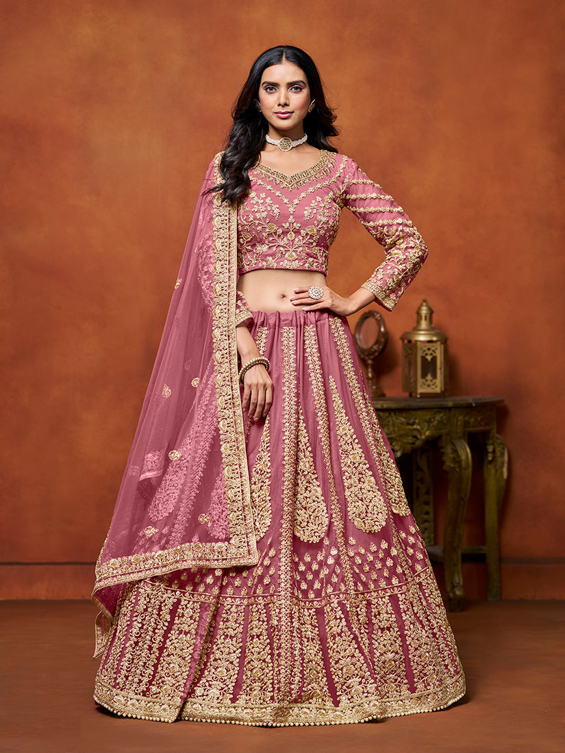 Monjolika Fashion Net Pink Embroidered Designer Lehenga Choli