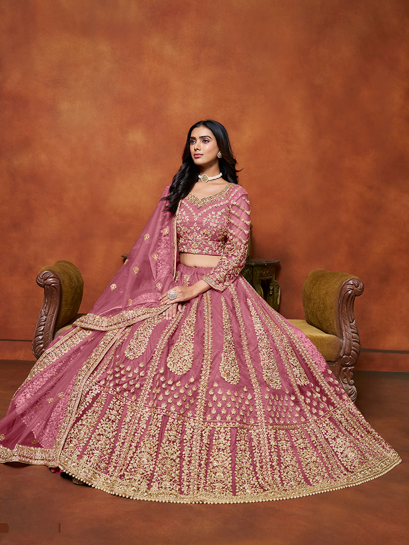 Monjolika Fashion Net Pink Embroidered Designer Lehenga Choli