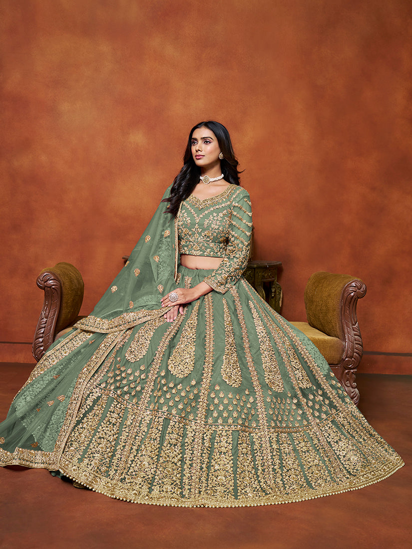 Monjolika Fashion Net Green Embroidered Designer Lehenga Choli