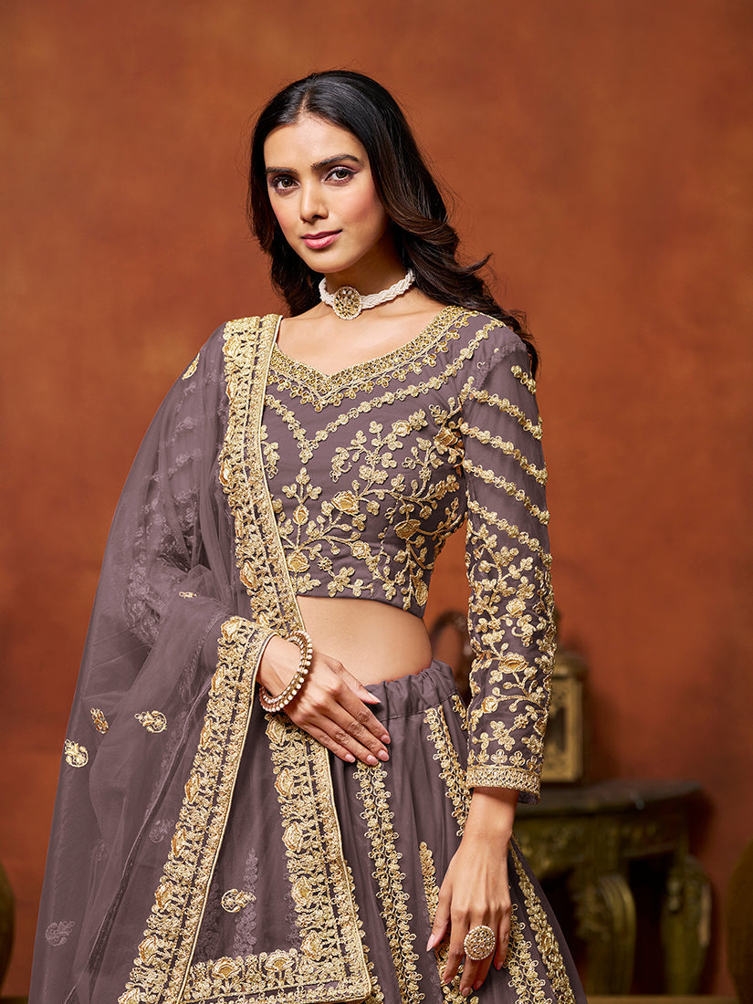Monjolika Fashion Net Purple Embroidered Designer Lehenga Choli