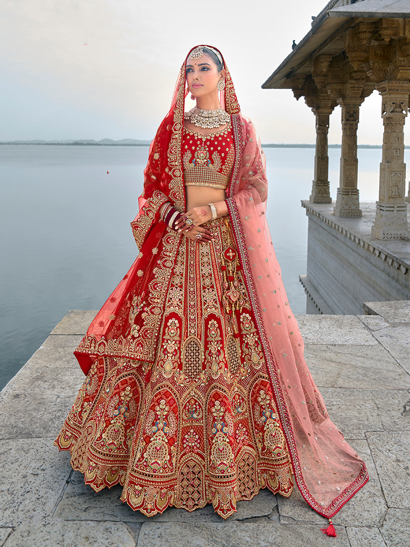 Monjolika Fashion Red Silk Embroidered Sequins Thread And Zari Work Bridal Trendy Lehenga Choli