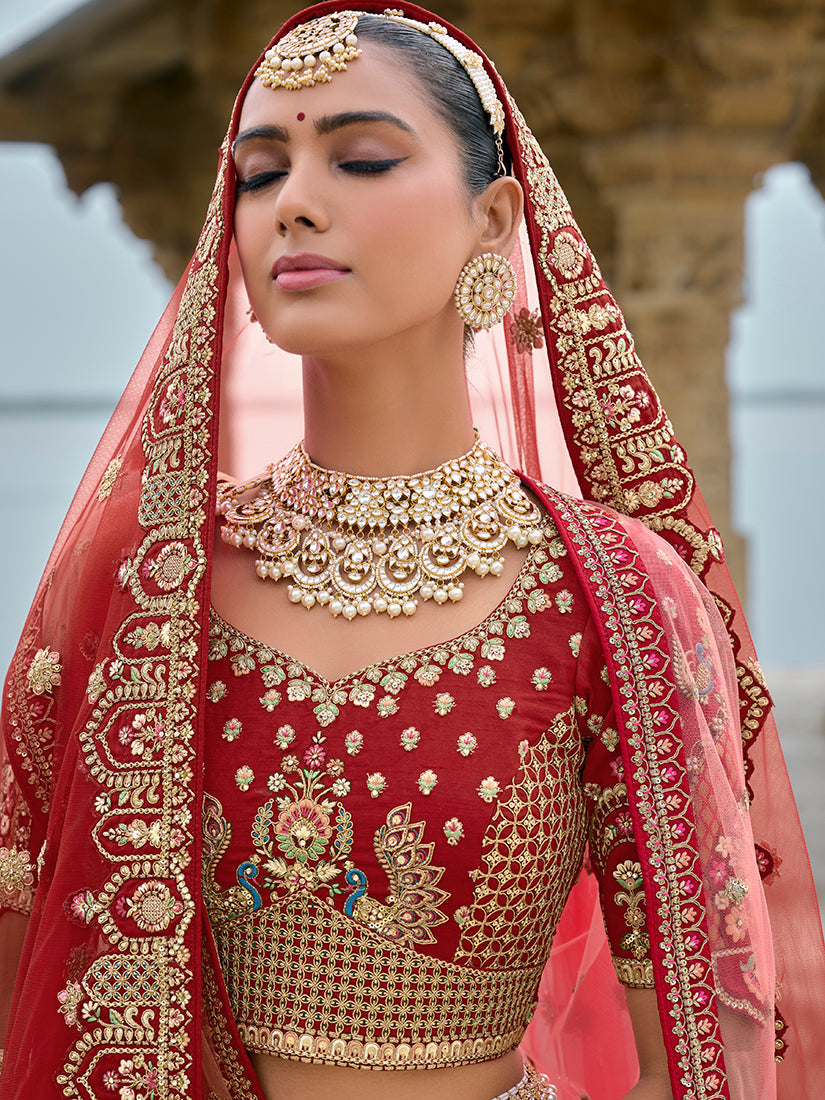 Monjolika Fashion Red Silk Embroidered Sequins Thread And Zari Work Bridal Trendy Lehenga Choli
