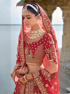 Monjolika Fashion Red Silk Embroidered Sequins Thread And Zari Work Bridal Trendy Lehenga Choli