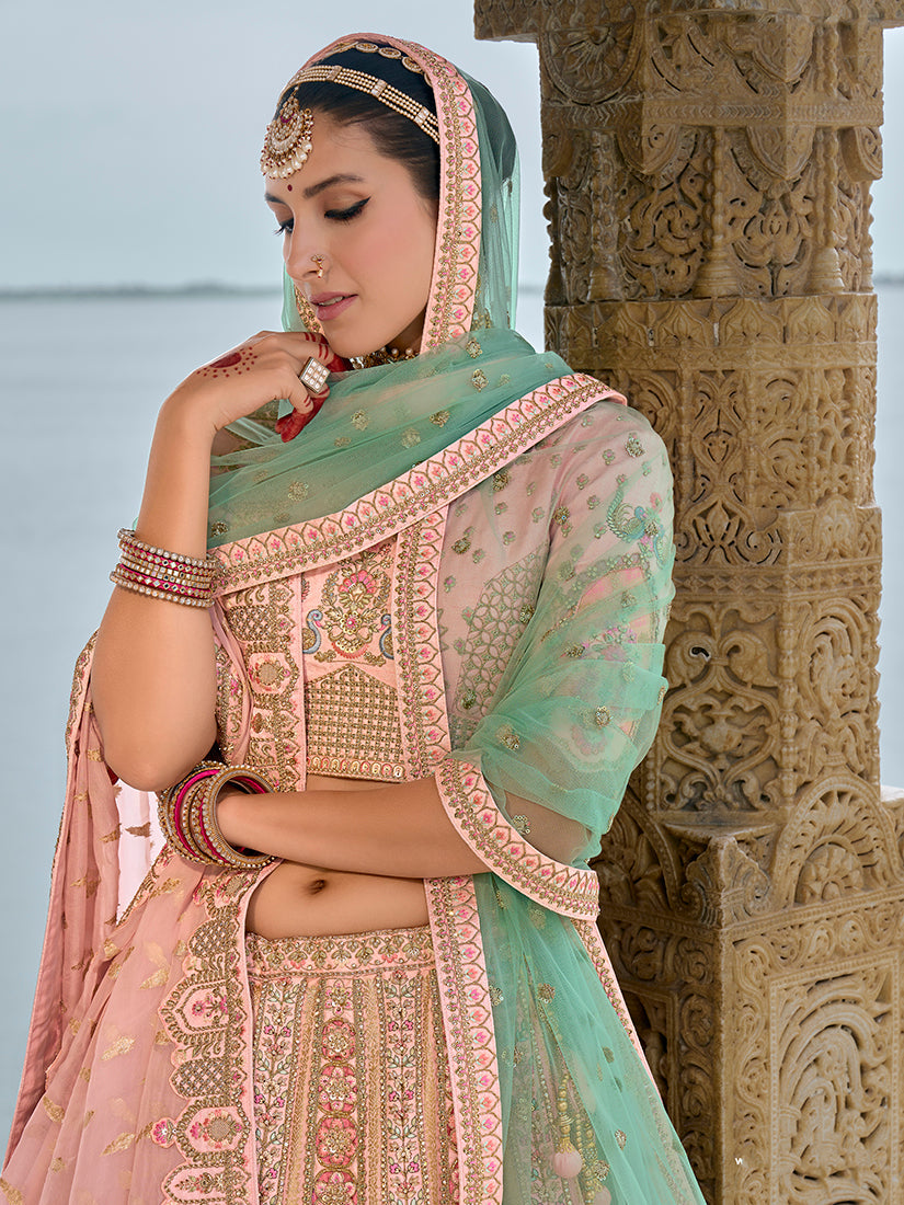 Monjolika Fashion Light Pink Silk Embroidered Sequins Thread And Zari Work Bridal Trendy Lehenga Choli