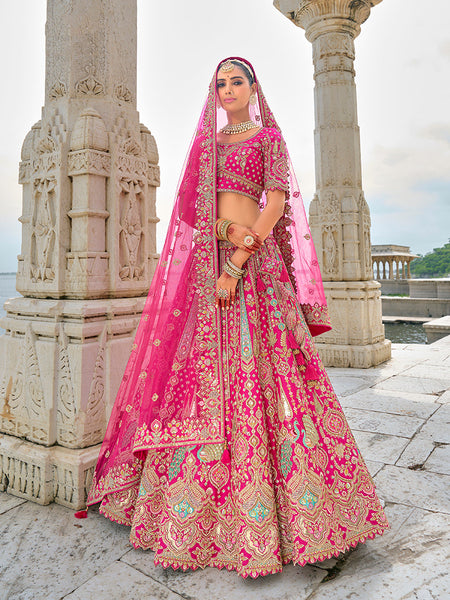Monjolika Fashion Rani Pink Silk Embroidered Sequins Thread And Zari Work Bridal Trendy Lehenga Choli